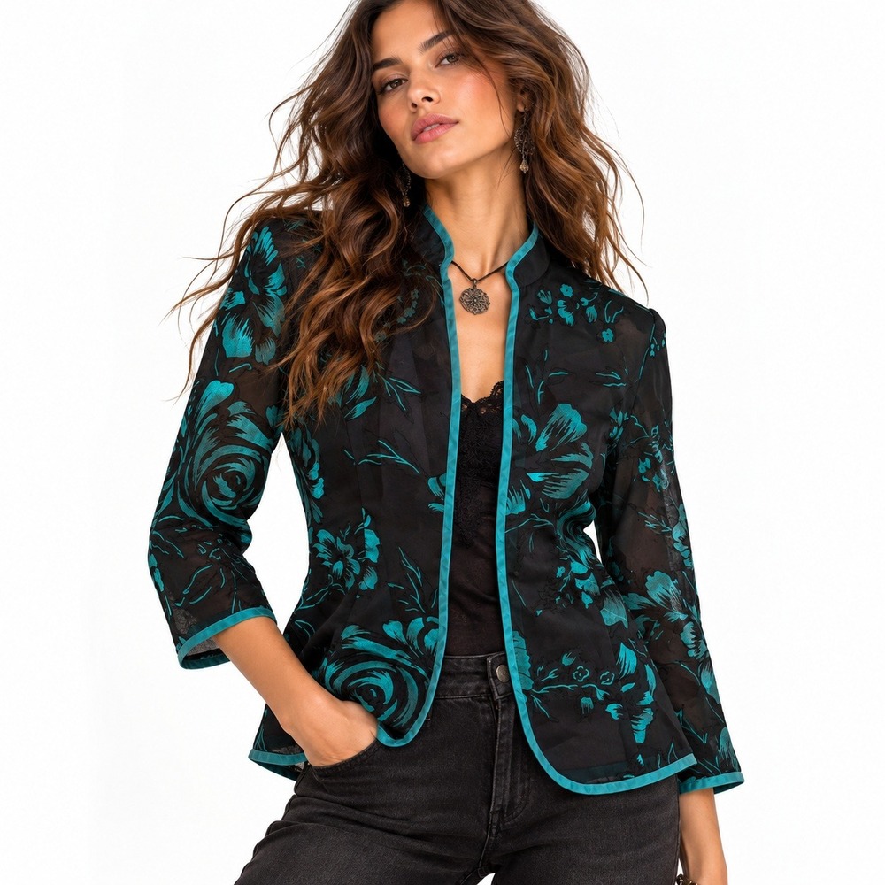 Vintage Burnout Sheer Open Front Jacket sz L Mandarin Dark Romance Fairy Grunge